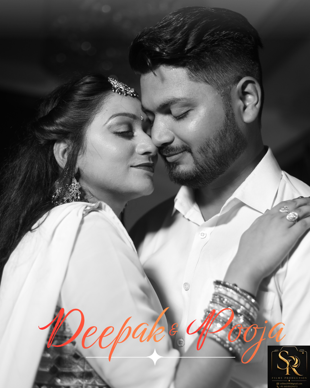 Deepak and Pooja in a black and white close portrait