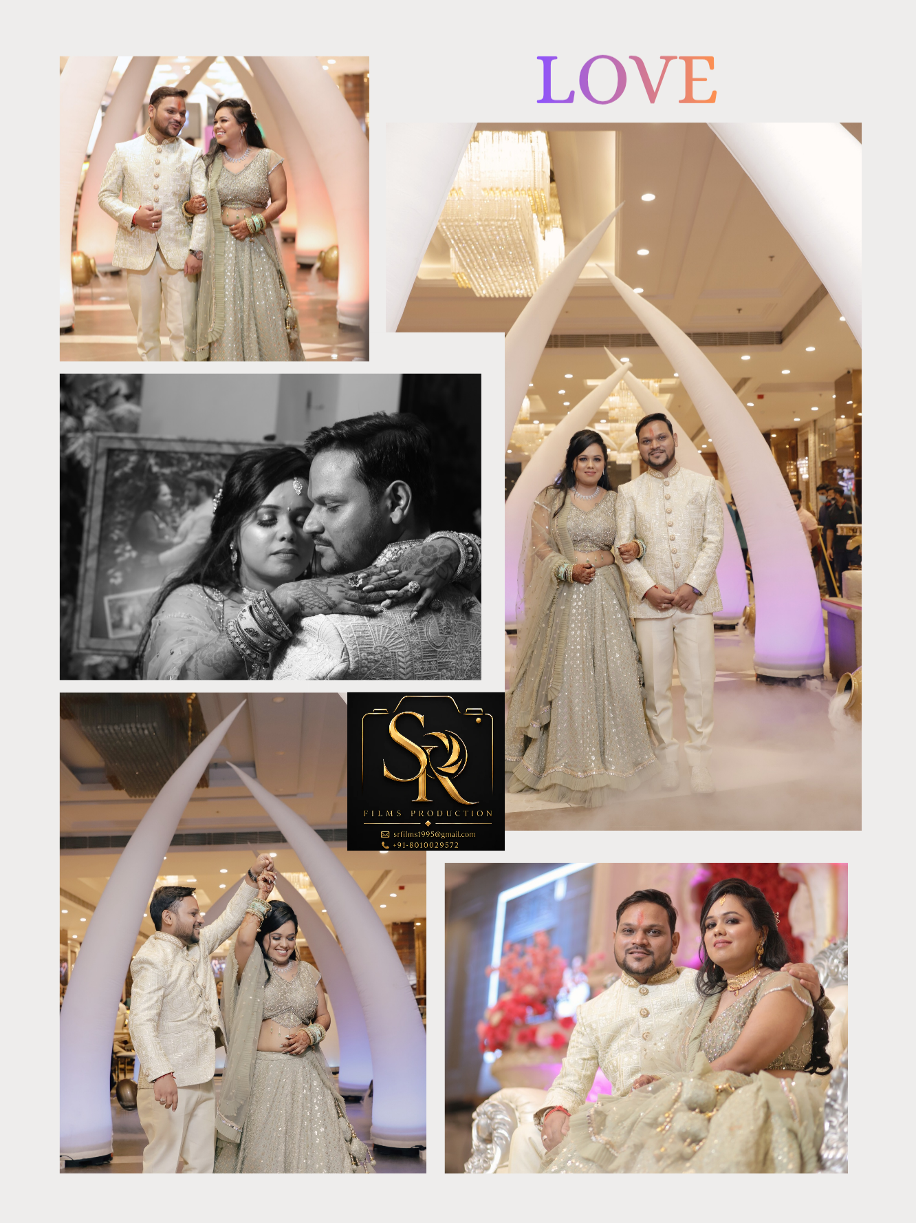 Couple photo collage in ivory and mint outfits at the venue