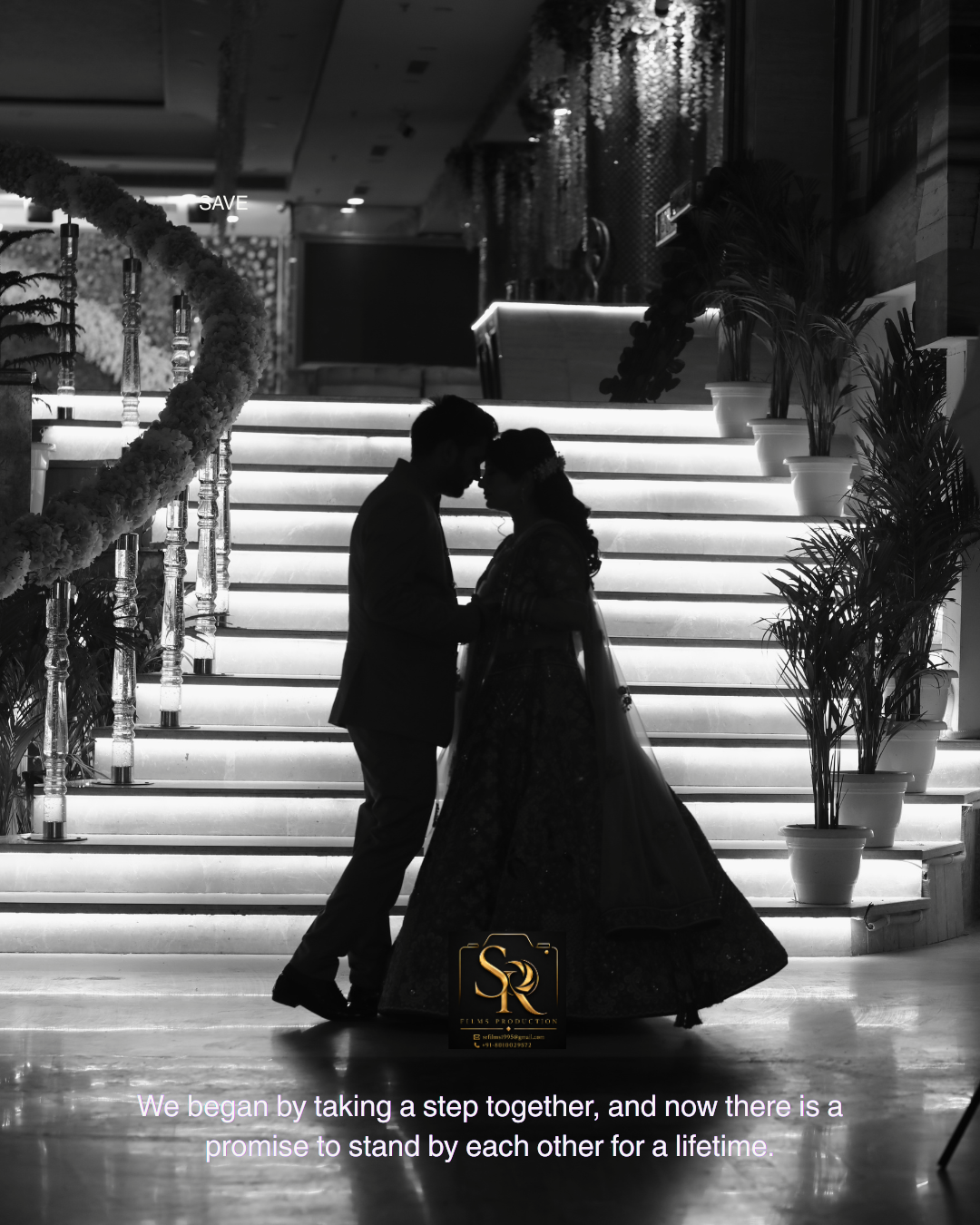 Couple silhouette on a lit staircase in black and white