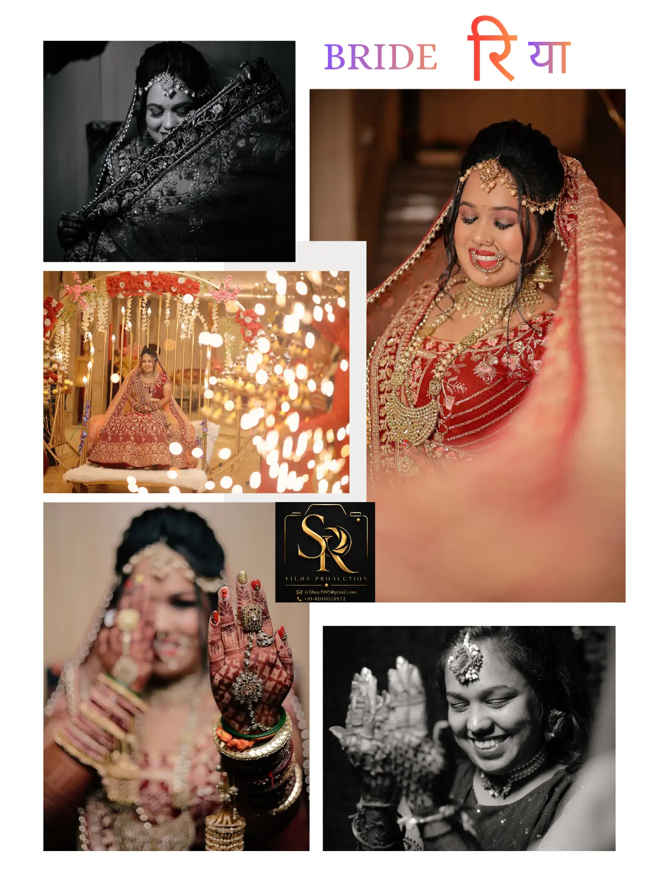 Bridal portrait collage of Riya in red lehenga