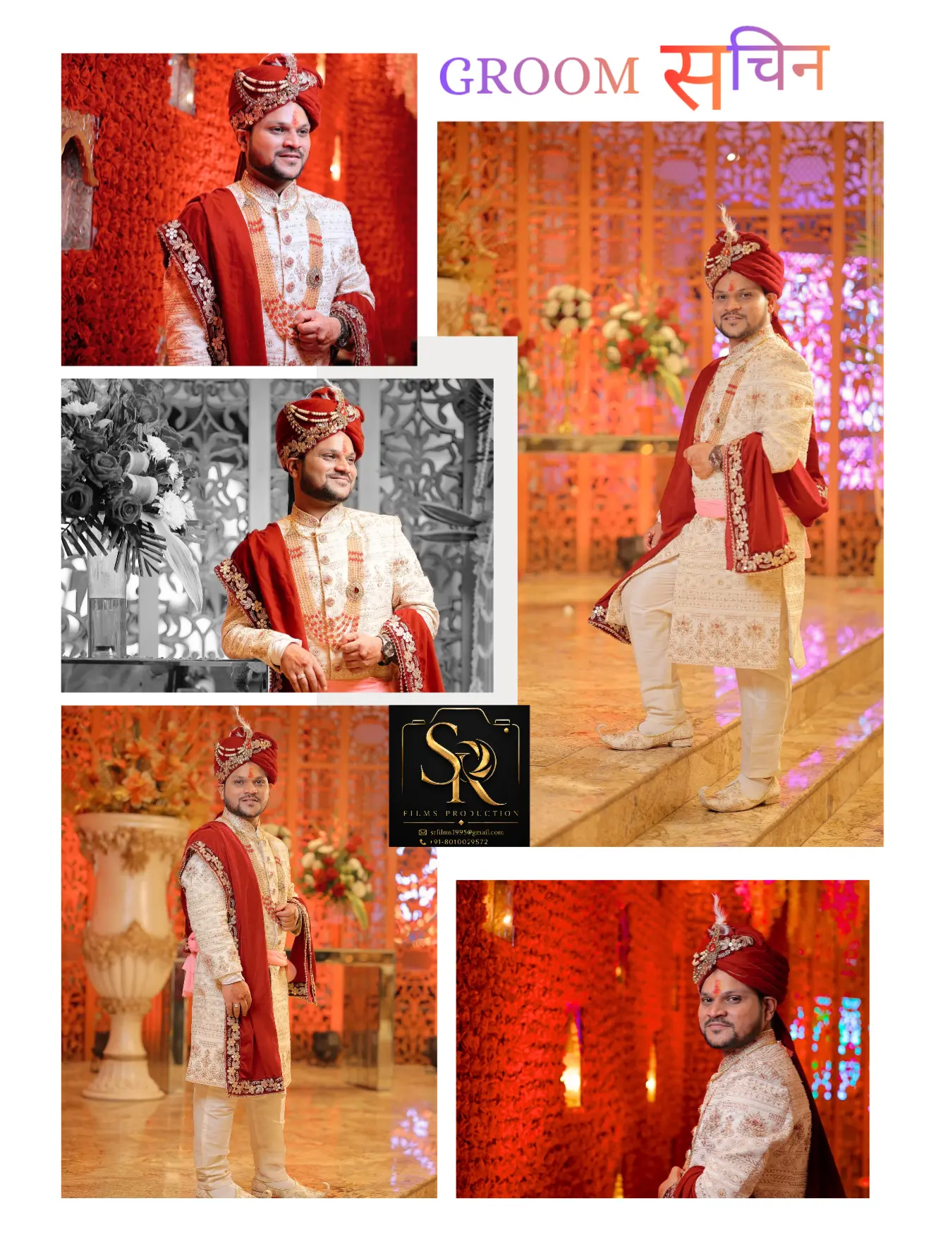 Groom Sachin portraits in ivory sherwani and red safa