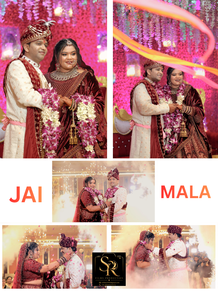 Jaimala ceremony with varmala exchange amid smoke and petals