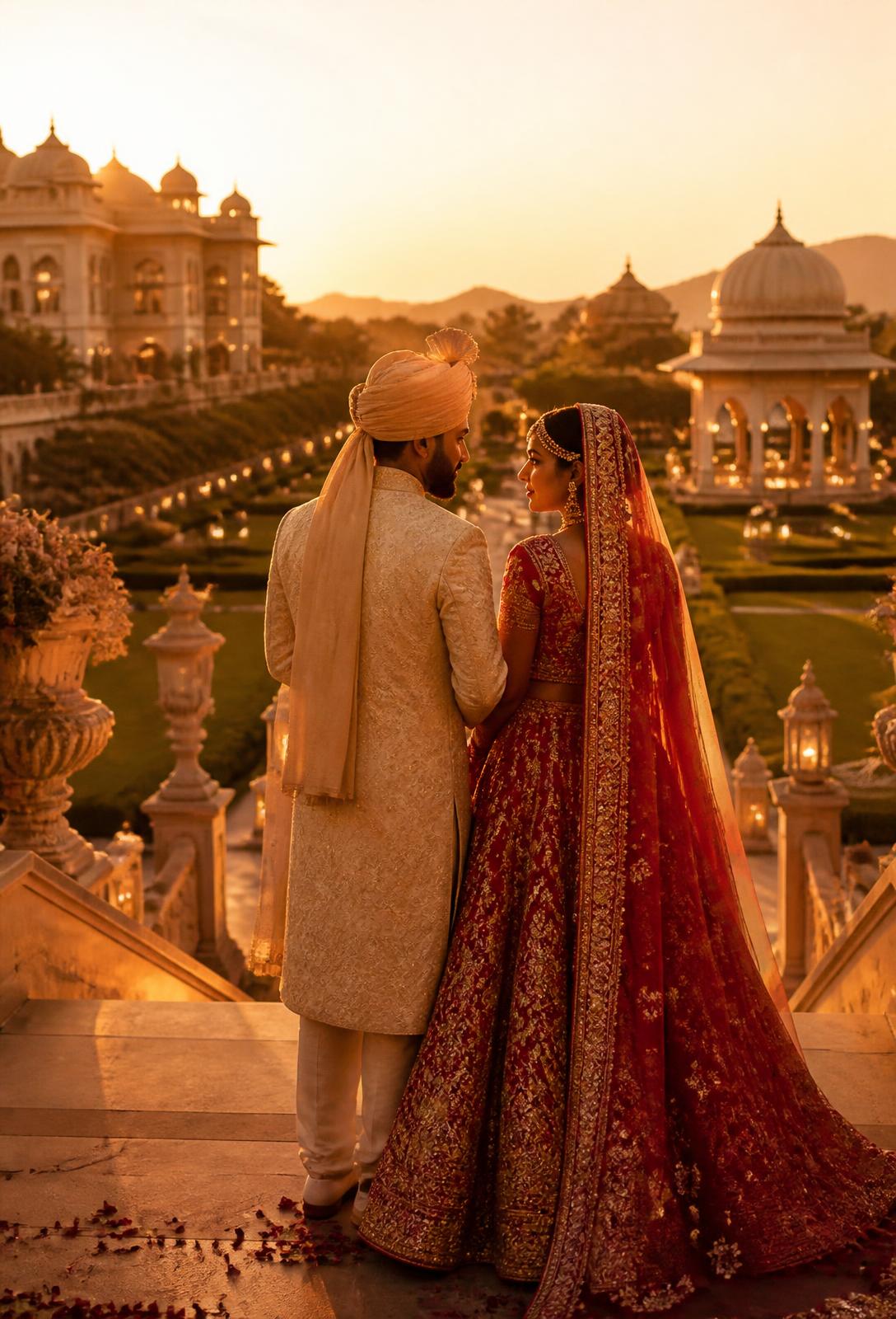Luxury Indian wedding couple at a palace garden during golden hour