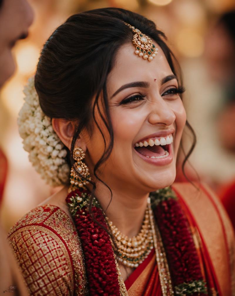 Indian bride laughing candidly during her wedding